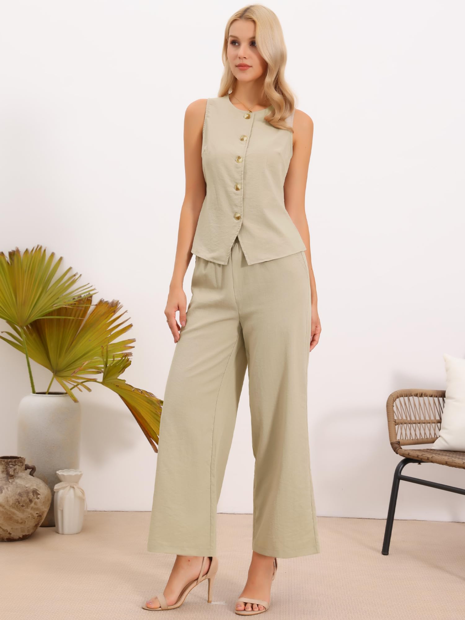 Allegra K Damen 2-Teilige Blazer Sets Zweiteilige Outfits Leinenweste Elegante und Legere Sets Hosenanzüge mit Weitem Bein