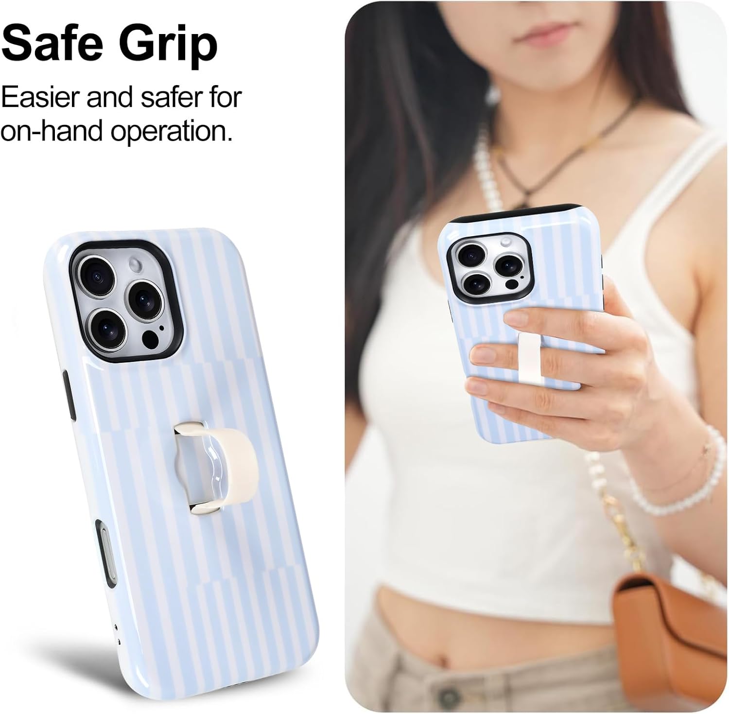 Compatible with iPhone 16 Pro Max Case with Finger Strap Kickstand, Stylish Chic Striped Phone Case for Women Men, Dual-Layer Shockproof Cover for 16 Pro Max, White Blue Stripes