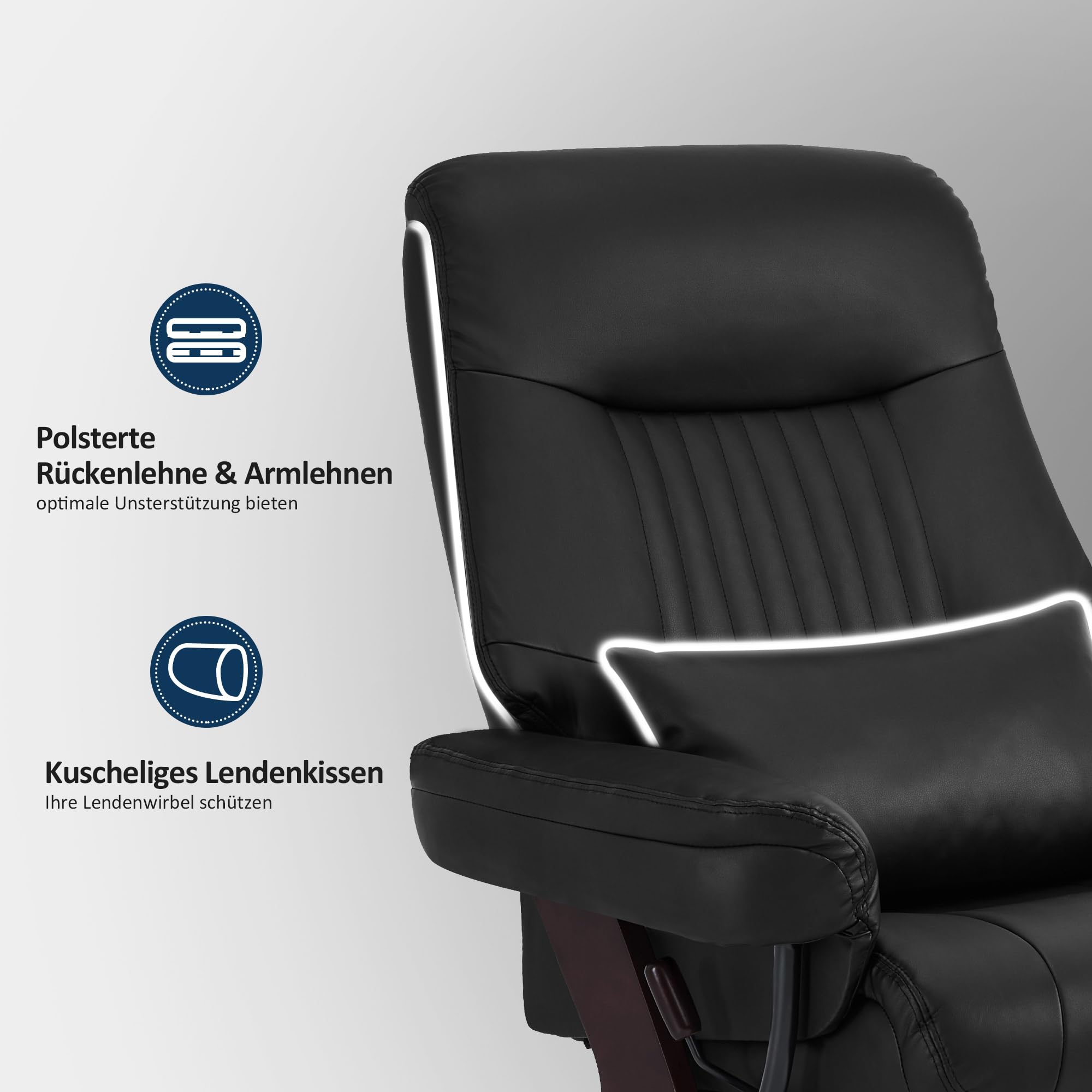 M MCombo Relaxsessel mit Liegefunktion, Lesesessel, 360° Drehbarer Fernsehsessel mit Hocker, mit Kissen & Seitentasche, bis 120 Kg Belastbarer TV-Sessel für Wohnzimmer, 9035 (Schwarz-Kunstleder)