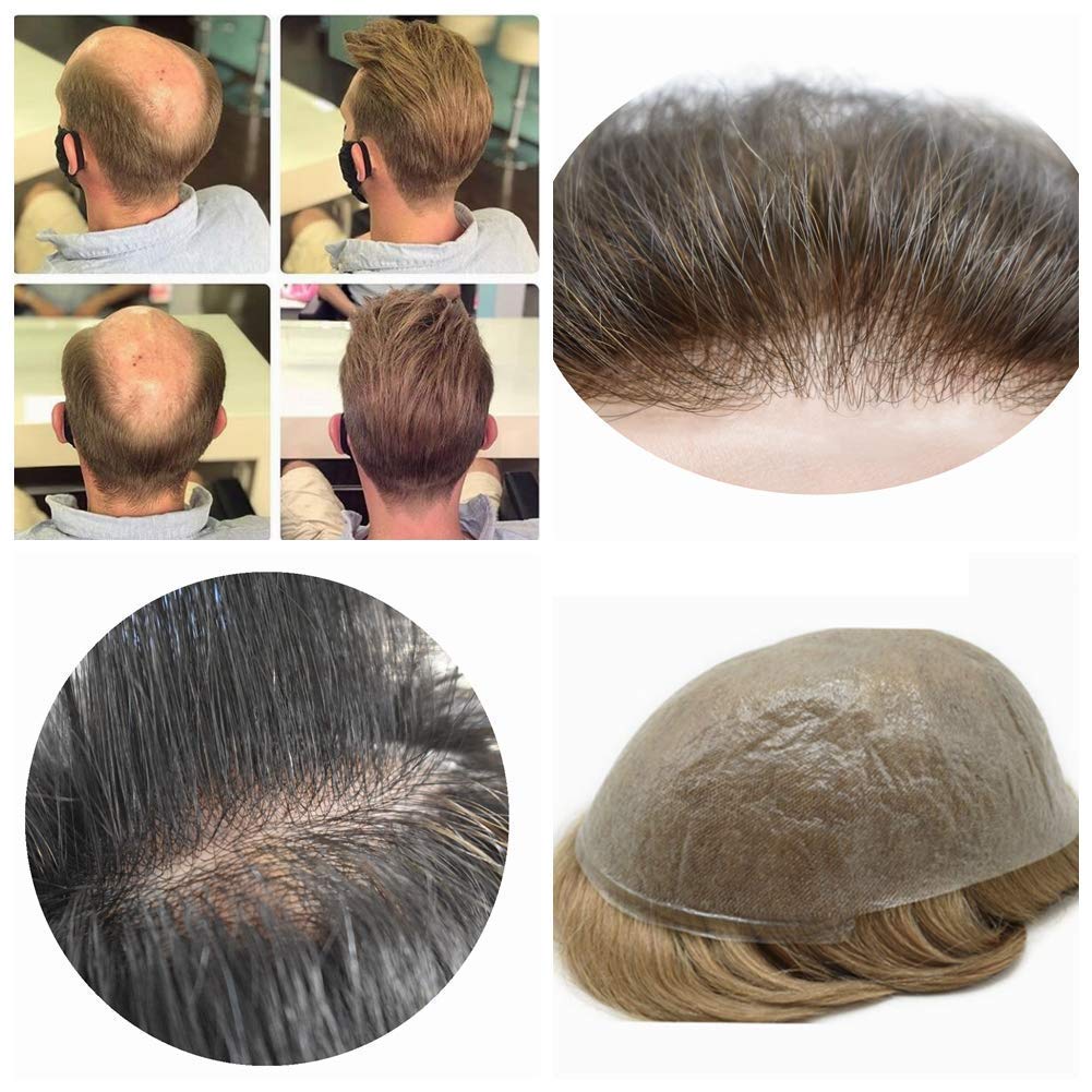 Mens Toupee Ultra Thin Skin V-loop Hairpieces Full Poly Hair System Replacement All Pu Transparent Human Hair Toupee for Men #3 DARK BROWN, 100% Light to Medium