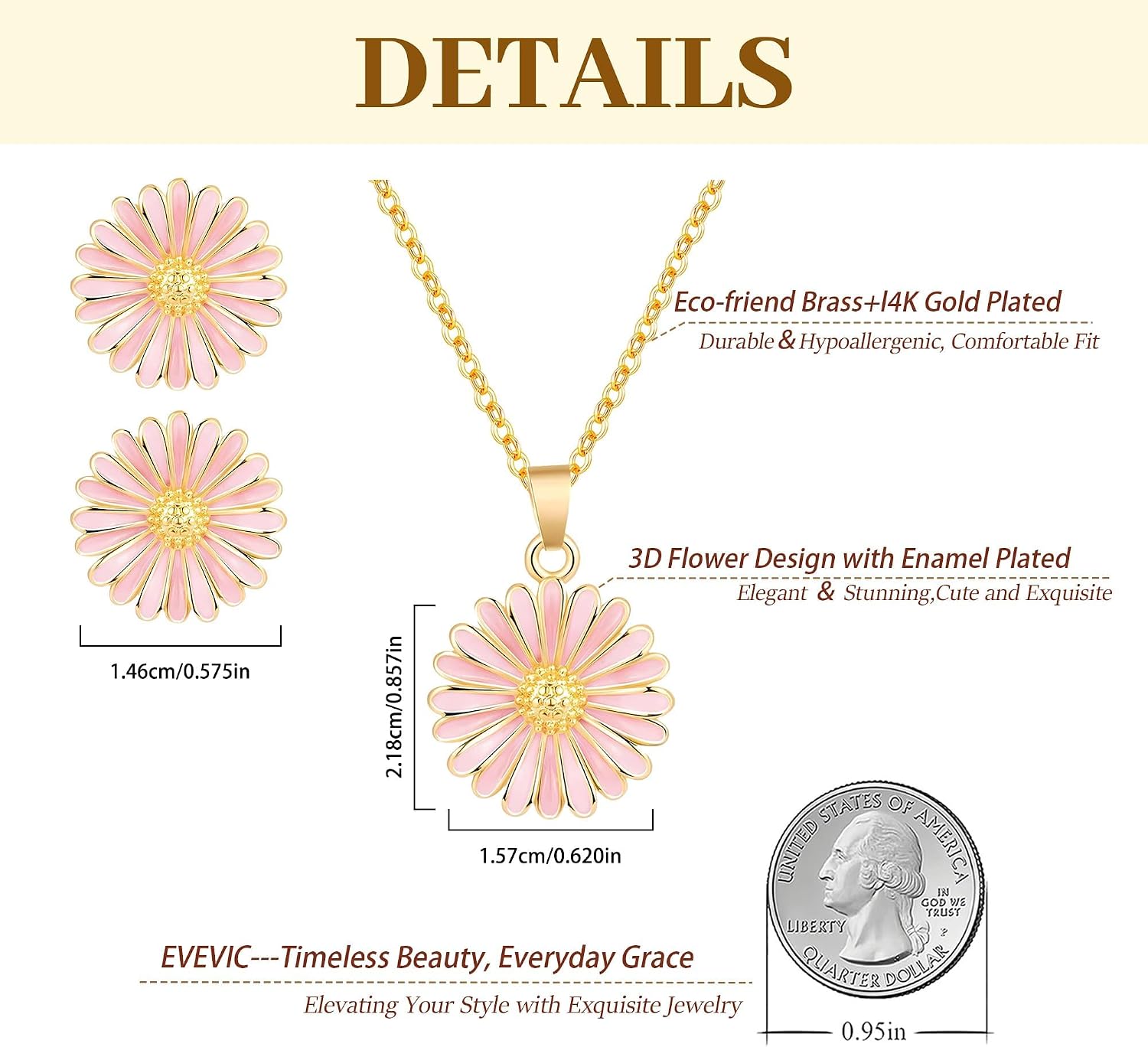 Daisy Flower Necklace Earrings Set for Women 18K Gold Plated Hypoallergenic Jewelry Sets