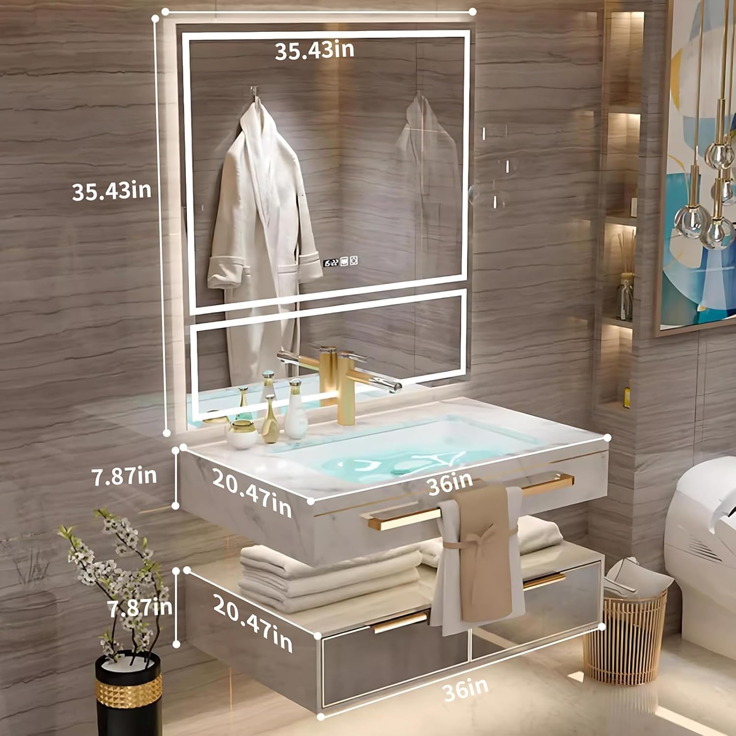 Bathroom Vanity with Sink - Modern Single/Double Sink Floating Bathroom Vanity Cabinet with LED Defog Mirror Set, Faucet Accessories Included (Single Sink,36")