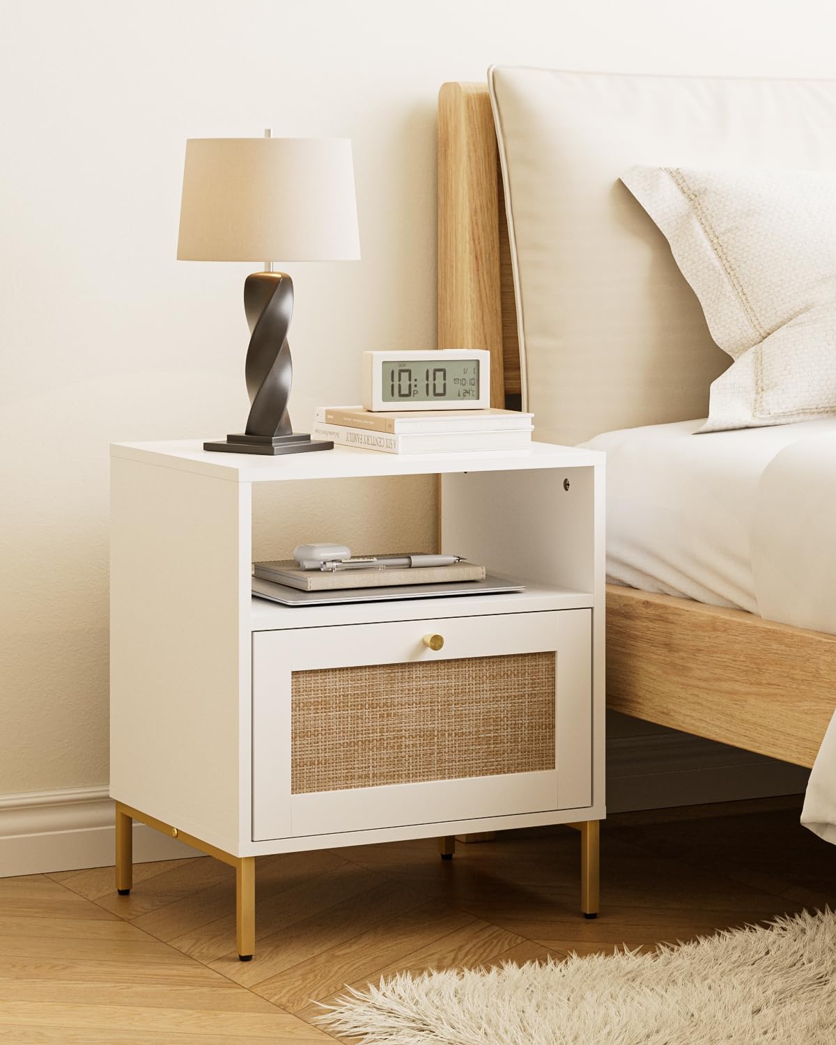 Extra Large Nightstand Rattan Night Stand, Modern Side Table Boho Farmhouse Wood Bedside Table with Storage Drawer and Open Shelf,Large End Table for Bedroom,Living Room,Office(White)