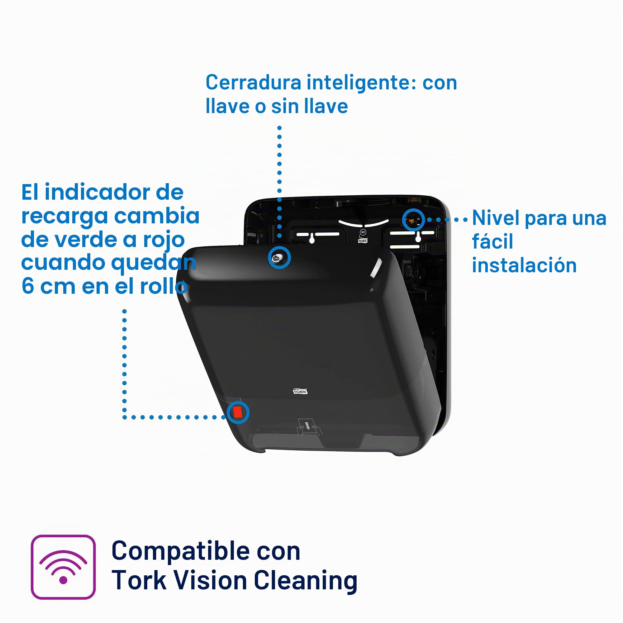 Tork Matic 551008, Dispensador de toallas de papel H1, dispensación única con indicador de nivel de recarga, negro