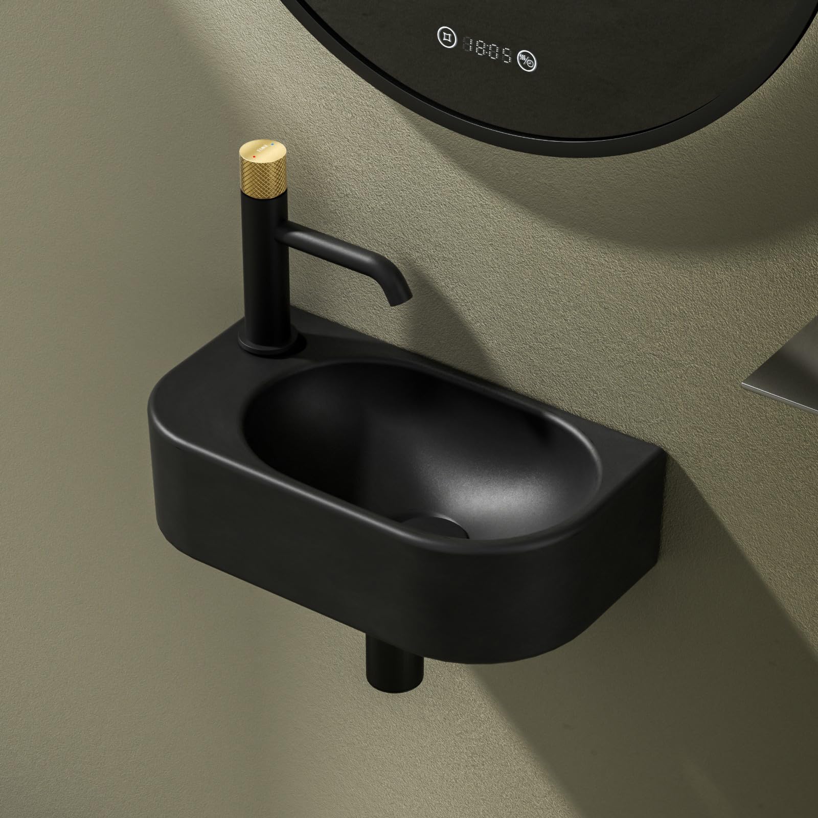 EMKE Lave-Mains Noir Mat 40 x 21,5 x 12 cm, Robinet à Gauche | EMKE Lave-Mains Noir Mat 40 x 21,5 x 12 cm, Robinet à Droite(Sans Robinet ni Bonde)