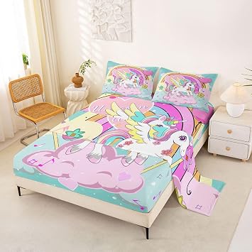 Unicorn Bed Sheets Full Size for Girls, Cute Unicorn Kids Bedding Set Rainbow Kawaii Printed Unicorn Sheet Set with Rainbow Hair for Kids Teens Bed Set with 1 Unicorn Sheet+2 Unicorn Pillowcases