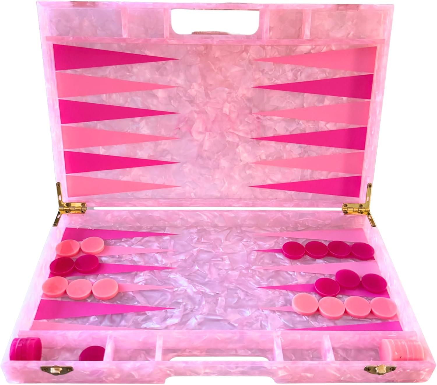 Luxury Backgammon Set, Board Game with Dust Bag, Marbled Pink with Gold Hardware, Acrylic Material, 14", Complete Game Pieces for Adults and Kids