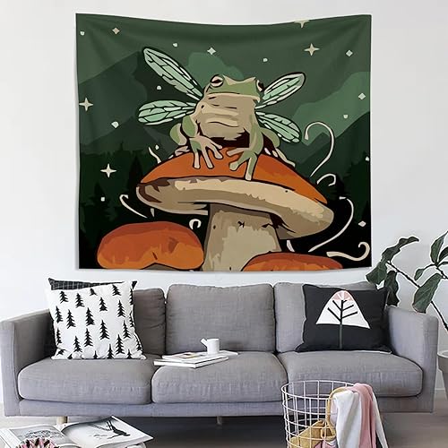 Miniatura 3 de Knibeo Tapiz de rana de hada y hongos para colgar en la pared, tapiz de rana para dormitorio, tapiz de pared de rana, decoración de pared de arte de