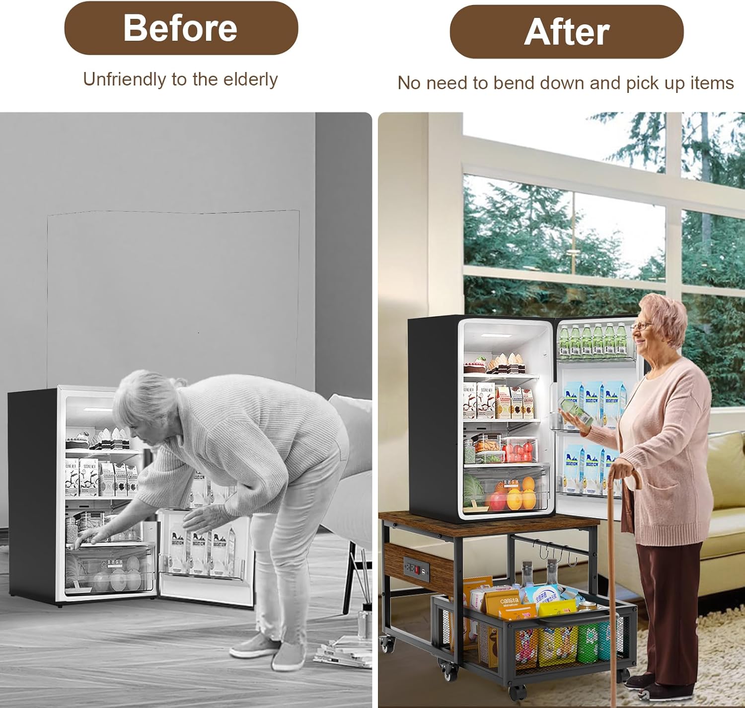 Mini Fridge Stand with Storage and Wheels, Heavy Duty Mini Fridge Table with Power Outlets for 220LBS Refrigerator, Rolling Fridge Cart with Large Capacity Drawer for Dorm,Office,Bedroom (Retro Brown)