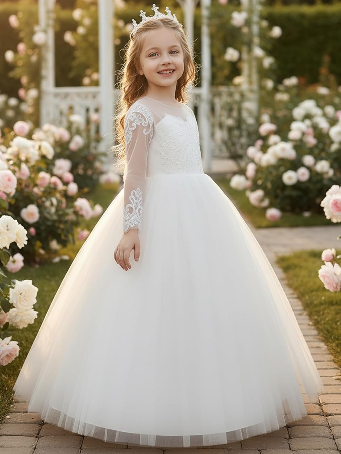 ABAO SISTER Girls' White Tulle Lace Embroidered Flower Girl Dress Communion Wedding Party Gown Elegant Princess Formal Dress