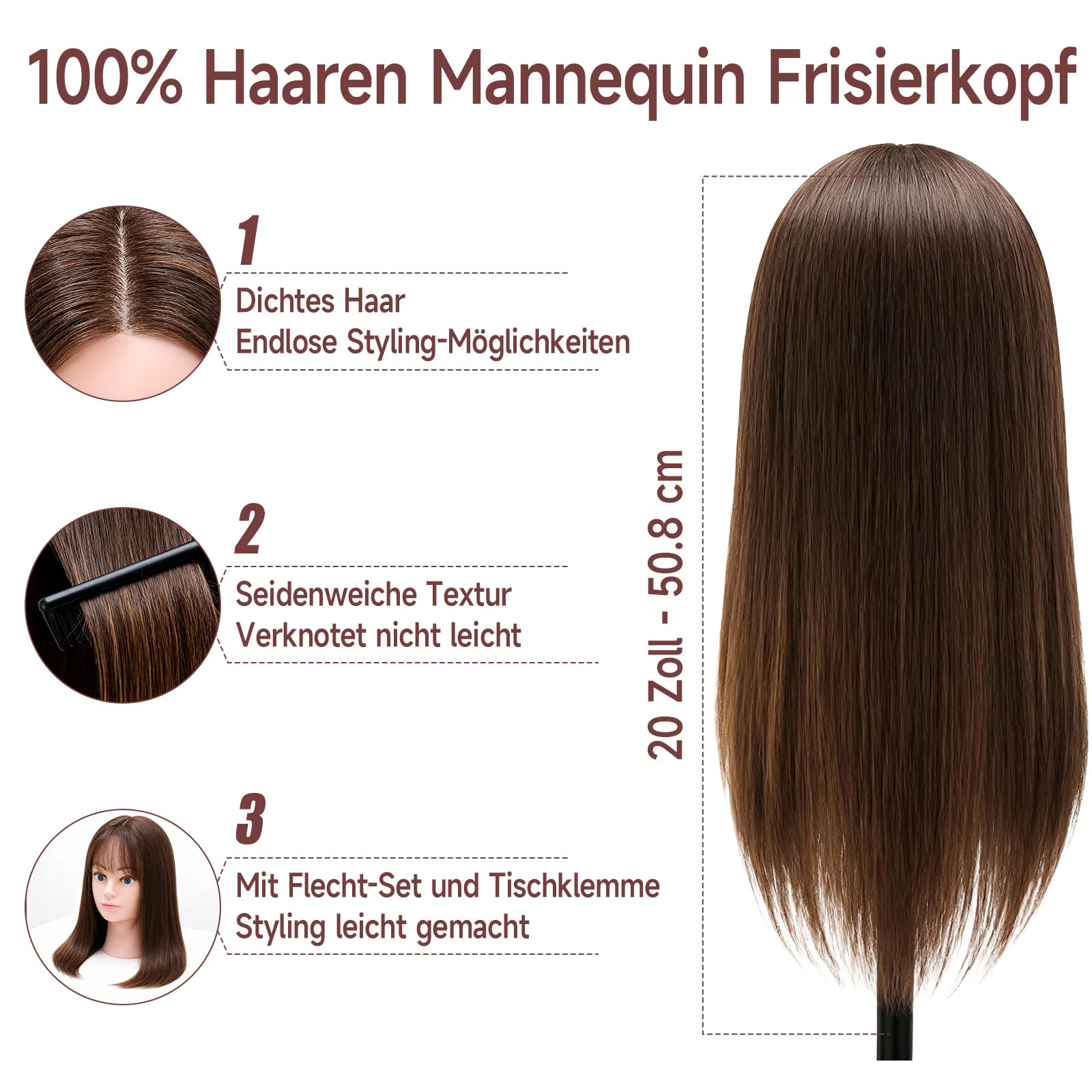 TwoWin Friseurkopf 20 Zoll 50.8 cm 100% Echthaar Mannequin Kopf Übungskopf Haar Friseur Trainingsköpfe Styling Friseurpraxis Braun