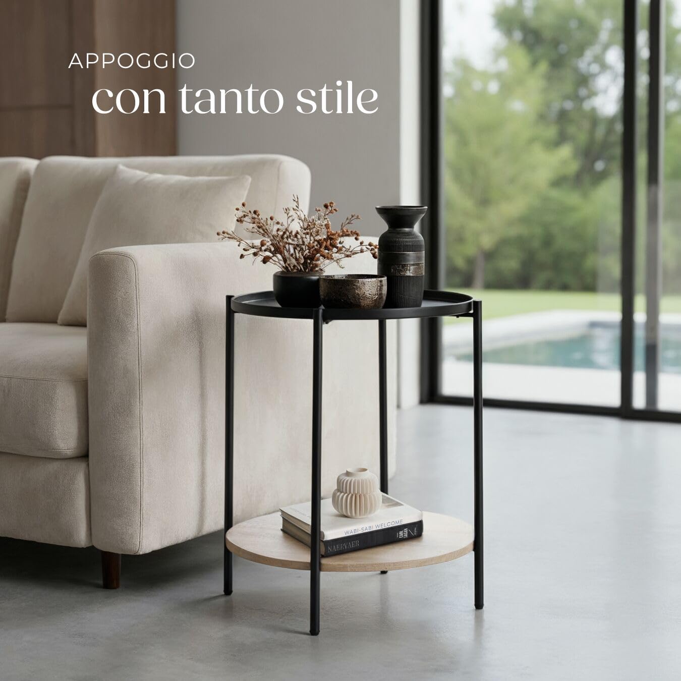 tectake® Tavolino Salotto Tondo 45,5x54,5cm, Tavolino da Divano o Comodino Stretto, Ripiano Vassoio, Soggiorno, Casa, Ufficio per Libri, Lampade, Computer Portatile, Bevande - Legno Industriale Chiaro