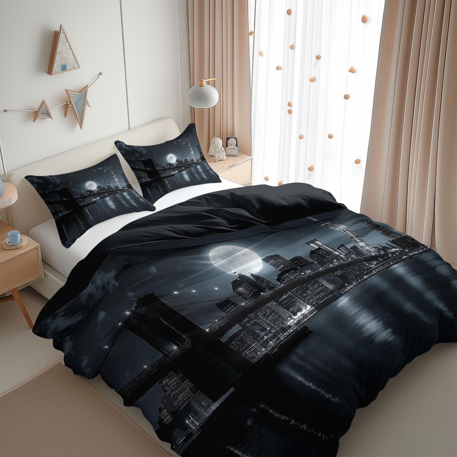 Grey California King Duvet Cover City New York Night View Cal King Bedding Set 3 Pieces, Soft and Breathable Microfiber Comforter Cover with 2 Pillow Shams, for All Season
