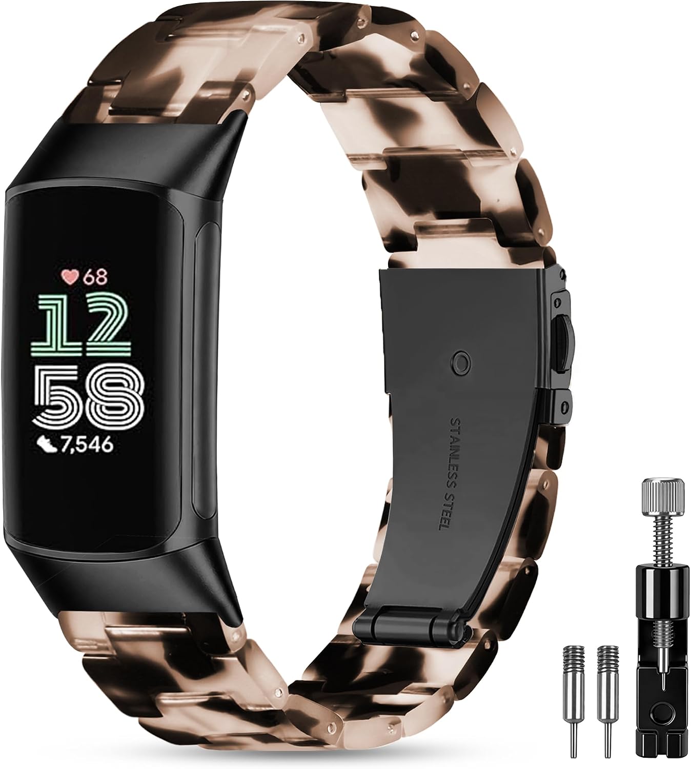 Sunnyson Resin Band Compatible with Fitbit Charge 6/ Fitbit Charge 5, Waterproof & Lightweight Wristband Strap Blacelet with Stainless Steel Buckle, Fashion Strap for Fitness Tracker Women