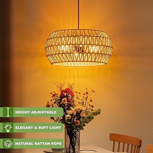 Miniatura 64 de Lámpara de ratán estilo bohemio, lámpara de techo de ratán empotrada, lámpara de techo tejida pequeña de madera, candelabro de ratán