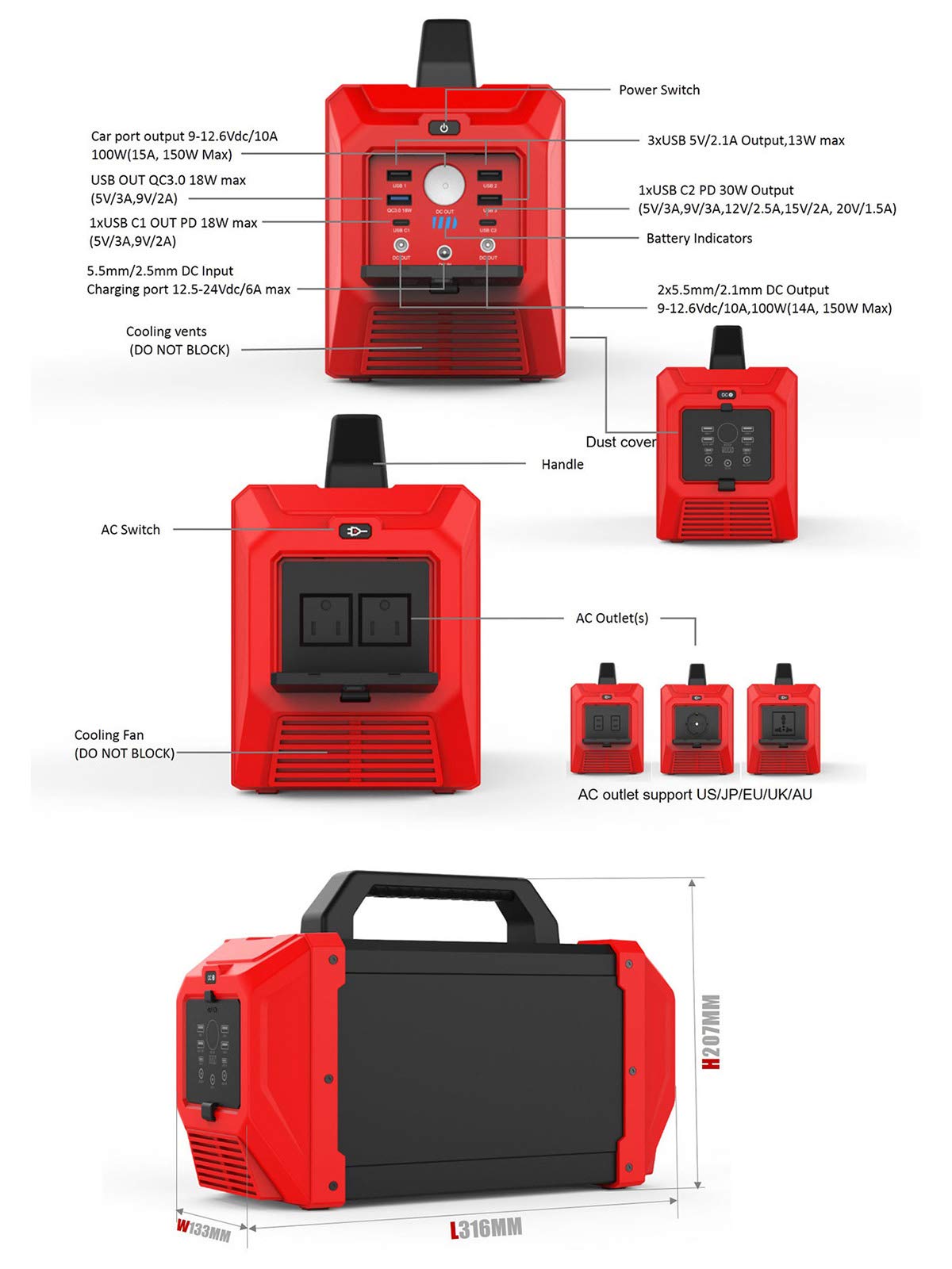 TIM-LI Batteria al Litio di Riserva da 400 W / 120000 mAh Portatile con Presa CA CC, Porte USB, Batteria di Emergenza per Campeggio All'aperto