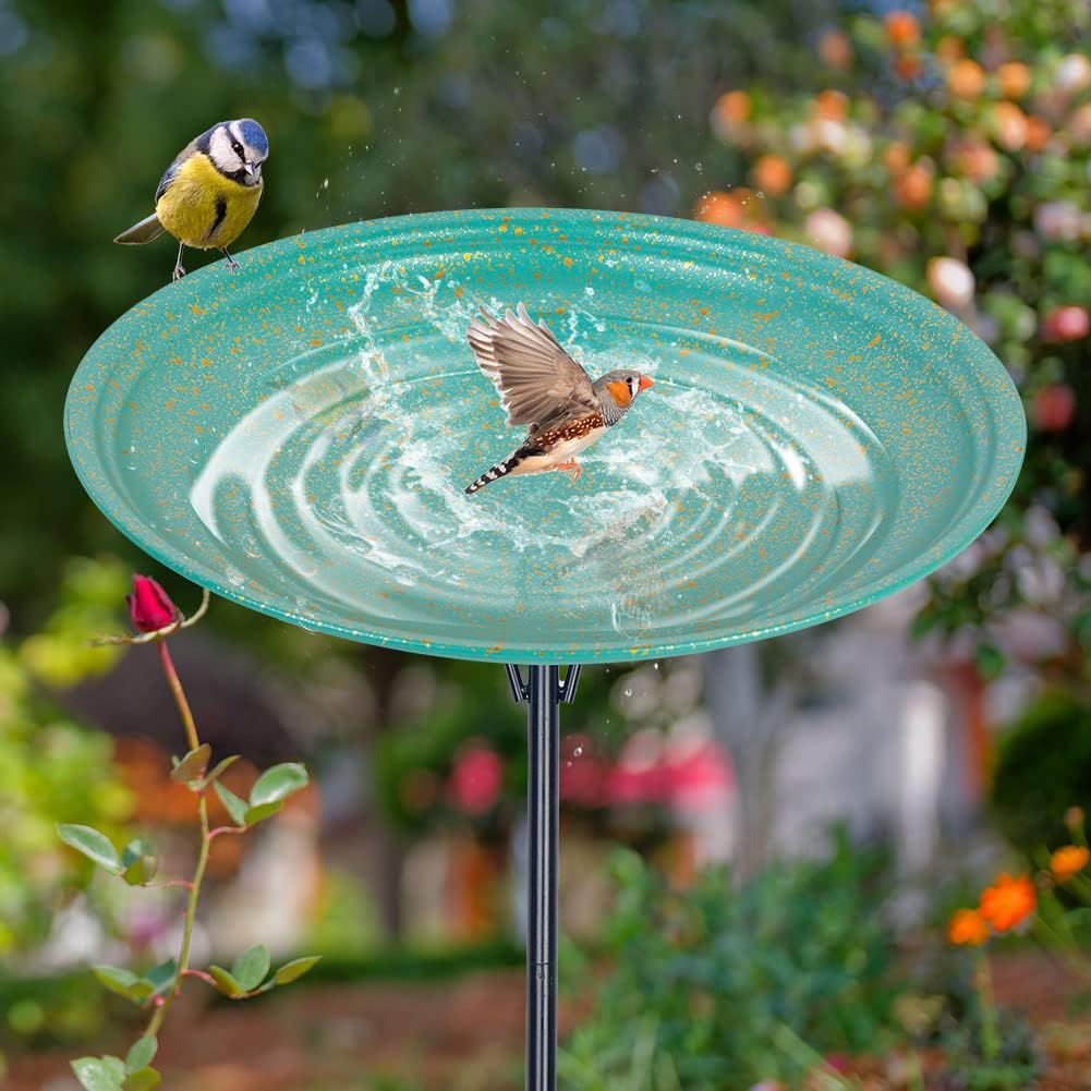 Large Metal Bird Bath, 16.5" W x 44" H Free Standing Birdbath with 5-Prongs, Bird Baths for Outdoors, Garden, Yard (Green)