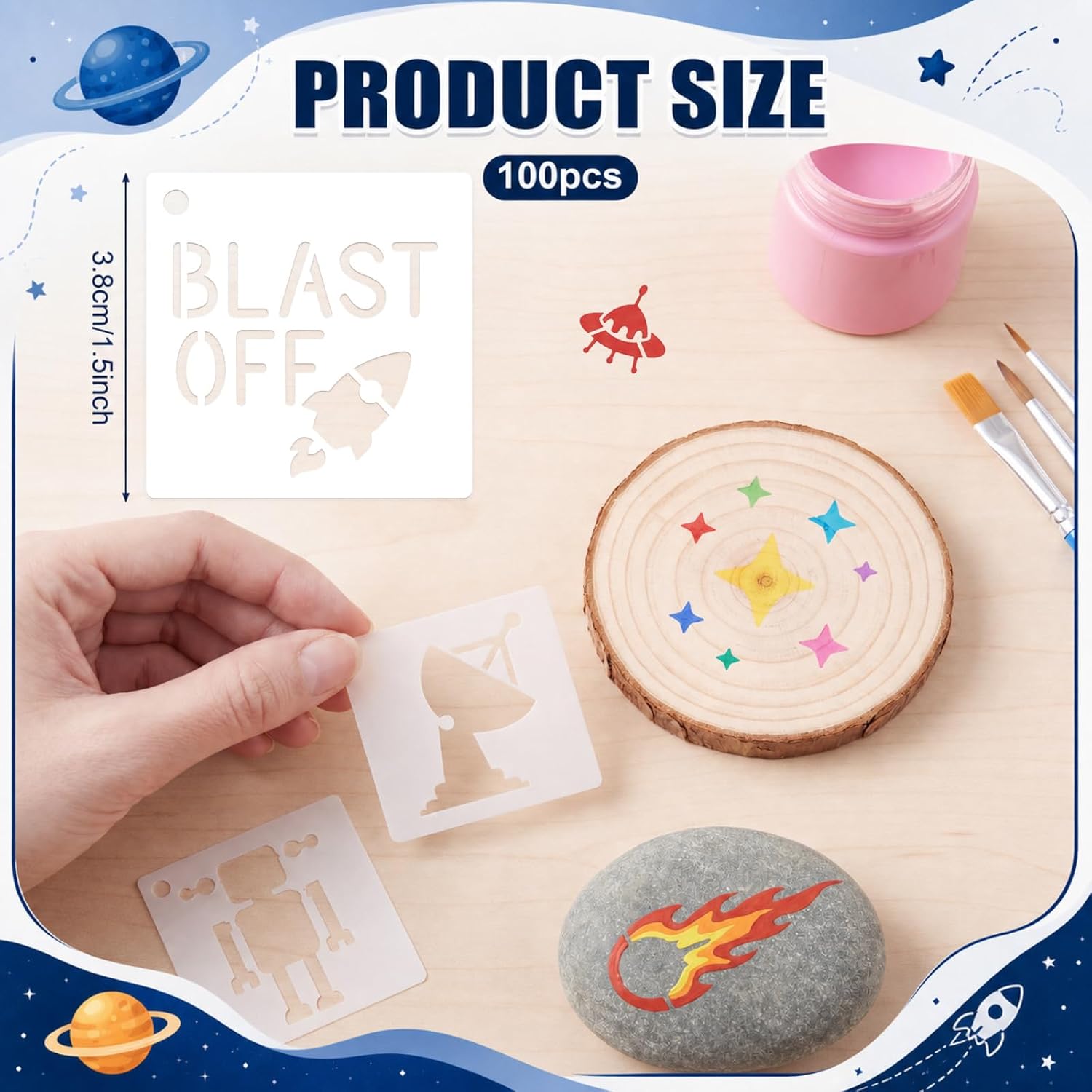 Fainne 100 Pcs 1.5 Inch Space Theme Small Stencils for Crafts | Reusable Painting Stencils for Wood Wall Card Making Scrapbooking Journaling, Portable Craft Templates