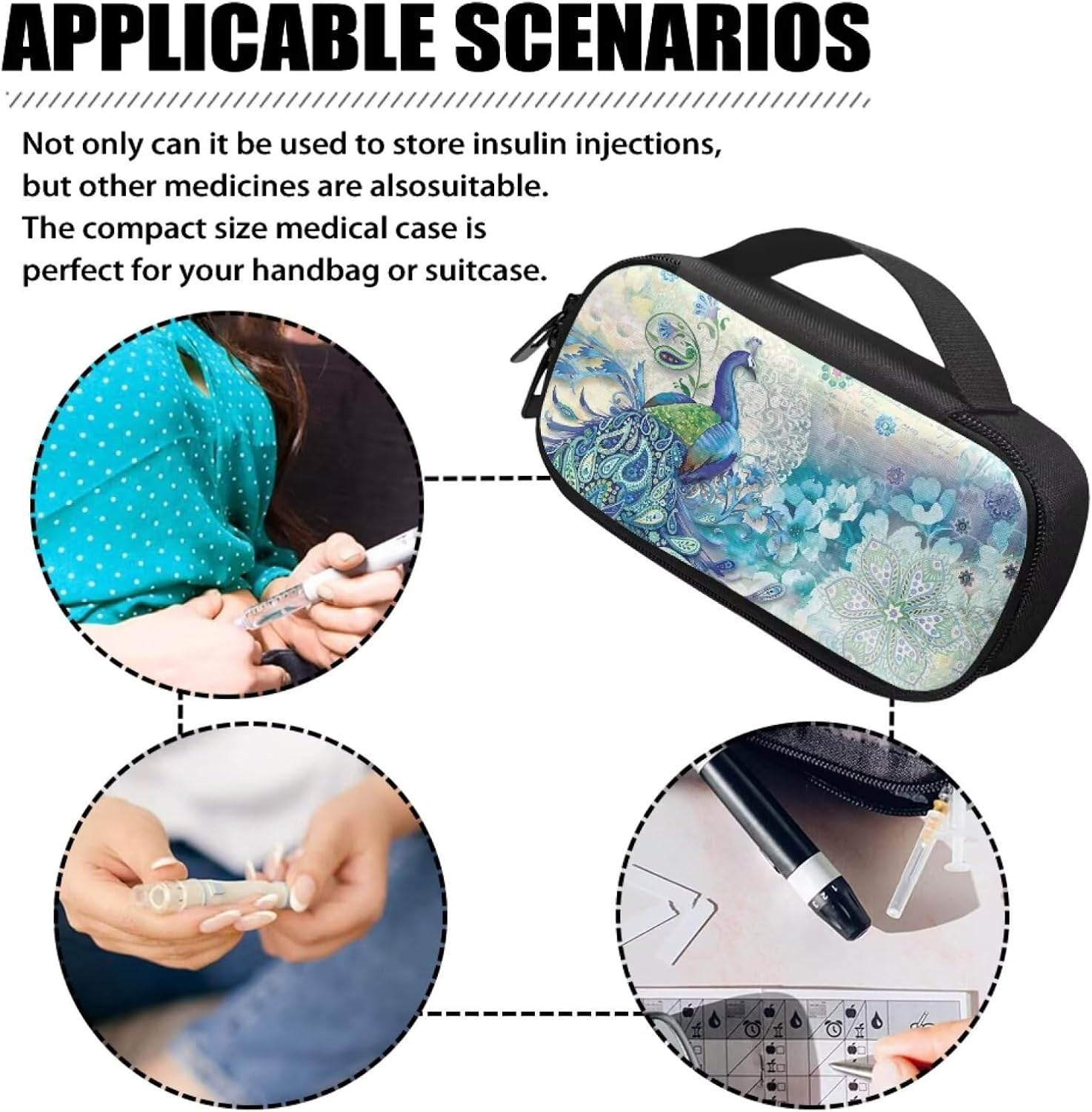 Diabetes Travel Case for Blood Sugar Monitor, Peacock Print Diabetic Medication Insulated Cool Organizer with 2 Zipper + 2 Inner Compartments for Travel Essential
