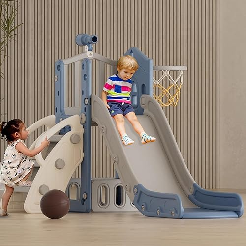 Miniatura 5 de XJD Tobogán 5 en 1 para niños pequeños de 1 a 3 años, juego para interiores y exteriores con aro de baloncesto y pelota, espacio de almacenamiento y