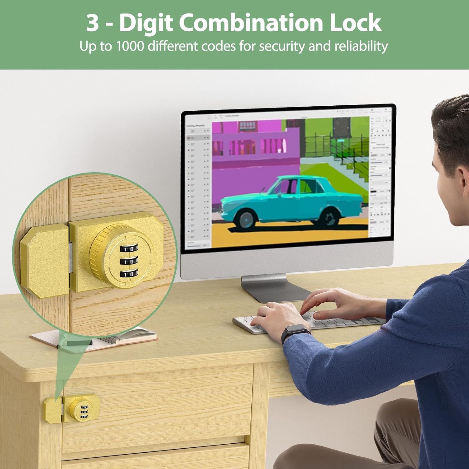 Adhesive Cabinet Combination Door Lock, Mechanical Keyless 3-Digit Password Safety Locks, Stick-on Combination Latch for Locker, Barn, One-Way Door, Closet, Drawer (2, Gold)