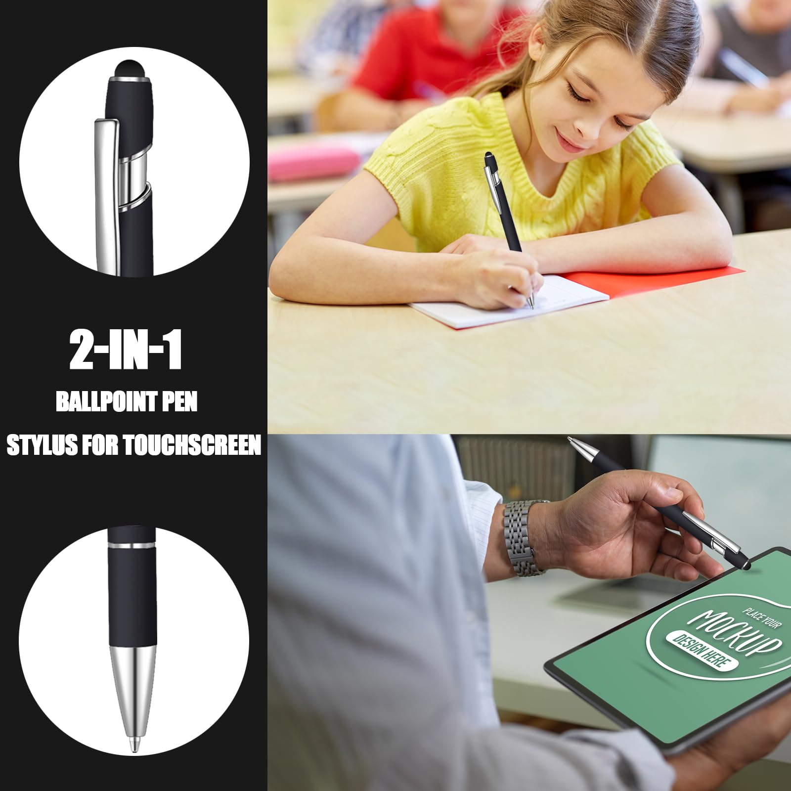 50 penne a sfera a inchiostro nero con stilo 2 in 1 penna a sfera per touch screen, penna di ringraziamento 2 in 1, regalo per colleghi, colleghi, ufficio (nero)