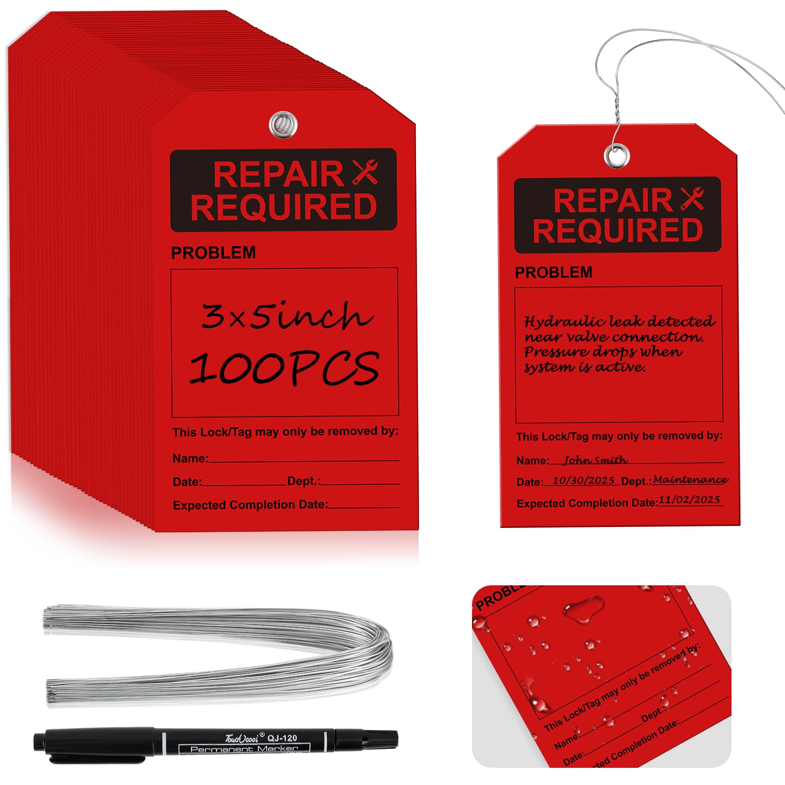 Photo 1 of 100 PCS Plastic Repair Required Tags Waterproof Red Repair Tags with Wire 3x5 Inch Service Tag Maintenance Required Tag with Iron Wire & Pen for Equipment Maintenance Service