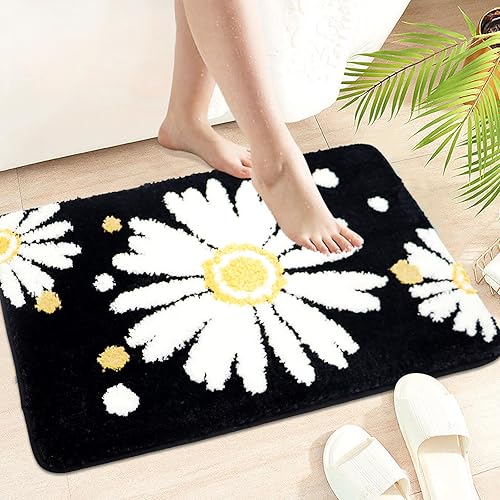 Miniatura 3 de Alfombra de baño negra con diseño de flores bonitas, alfombra estética, alfombra de baño, lavable a máquina, alfombra de baño de felpa para
