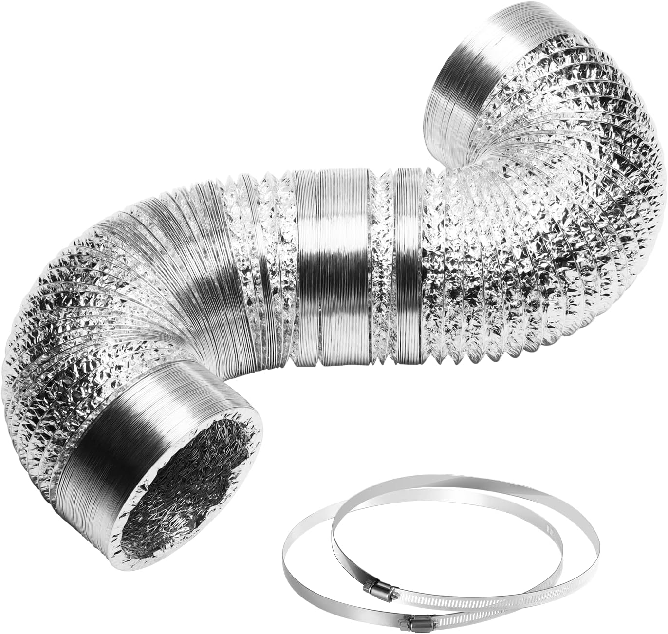 iPower 8 inch 25 feet Dryer Vent Hose, Flexible Aluminum Foil Non-Insulated Ducting with 2 Clamps for HVAC Ventilation and Exhaust, 8 in 25 ft, Silver