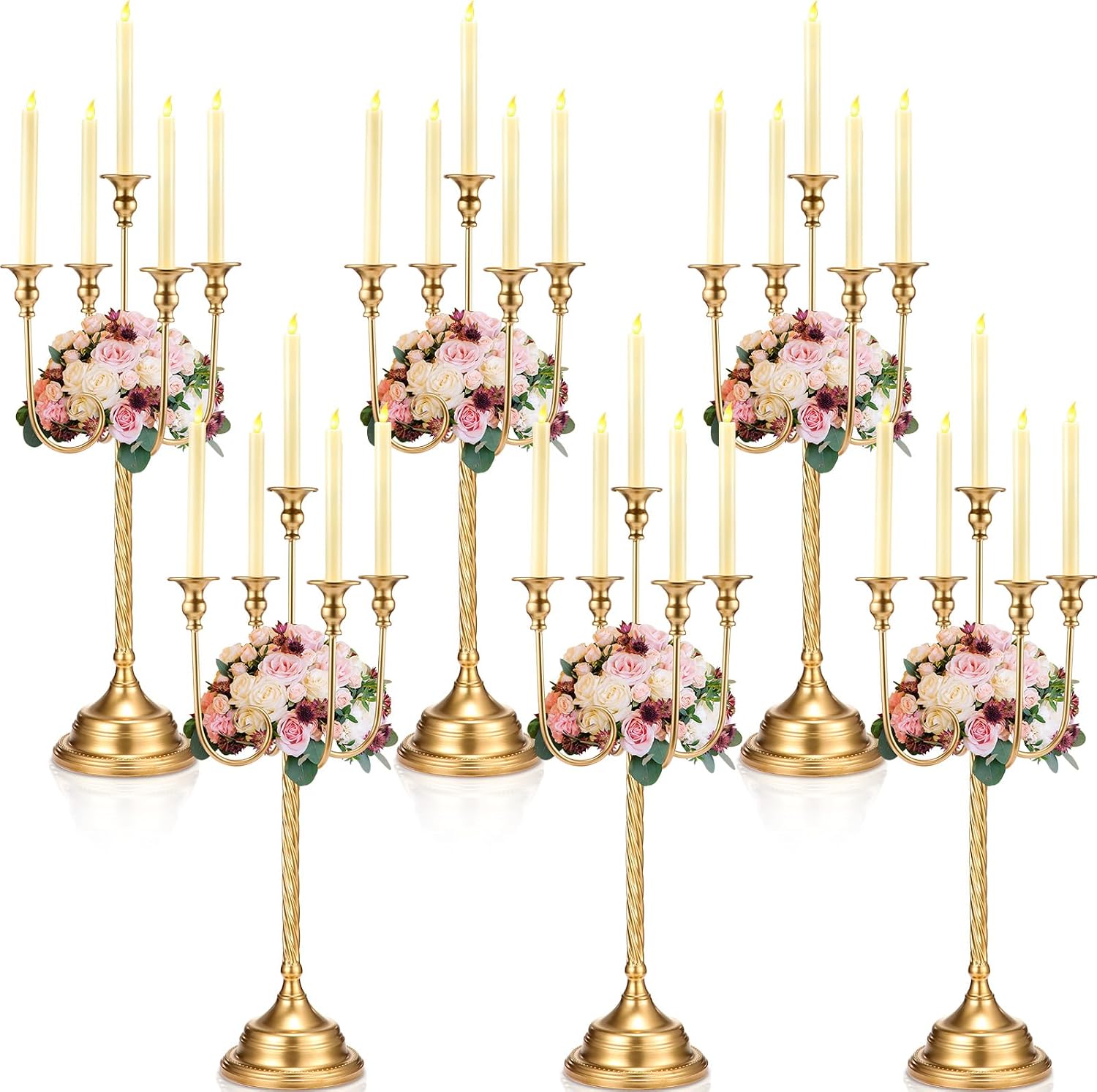6 Pcs Gold Candelabra Candlestick Holder, 12.2 x 12.2 x 26.4 Inch, 5 Arm