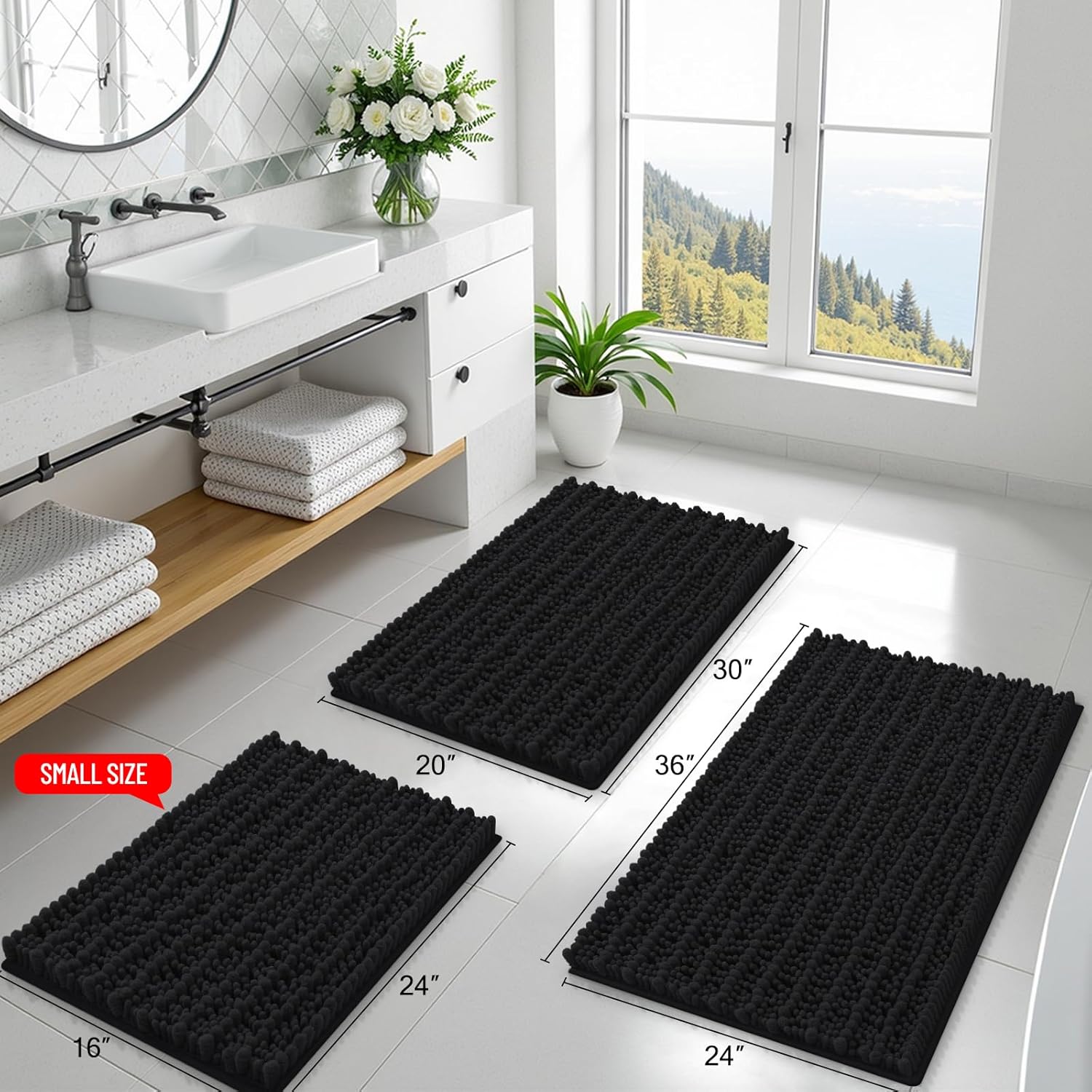 Smiry Bathroom Rugs Mat 47x24, Extra Soft Absorbent Chenille Bath Rugs, Non Slip Rubber Backing Machine Washable Quick Dry Bath Mats for Bathroom Floor, Tub, Shower, Home Decor Accessories, Black - Image 2