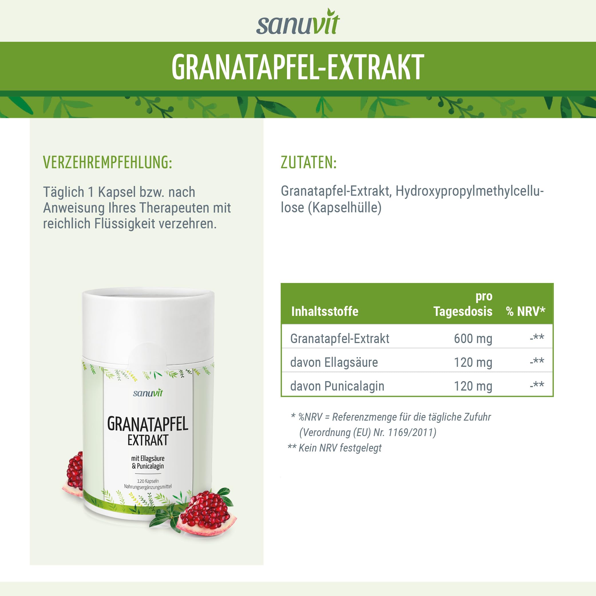 Sanuvit® - Granatapfelextrakt 600 mg | 120 Kapseln | 120 mg Ellagsäure & 120 mg Punicalagin | Aktiver Zellschutz | hochkonzentrierte Antioxidantien | Hochdosiert | Vegan
