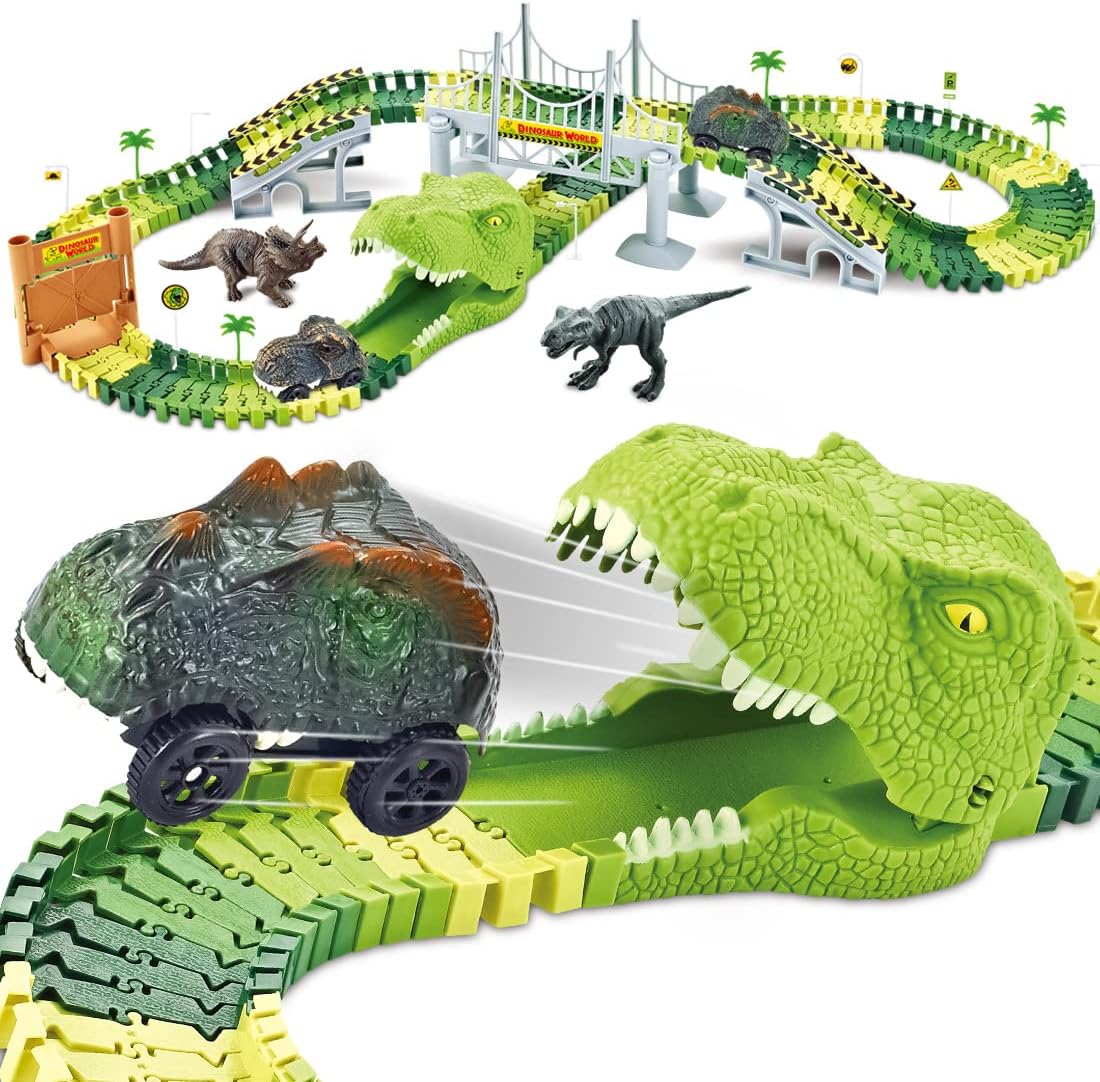 HEDGBOBO Race Track Dinosaur Create A Road 2 Toy Cars 2 Dinosaurs 142 Piece Flexible Track Train Playset