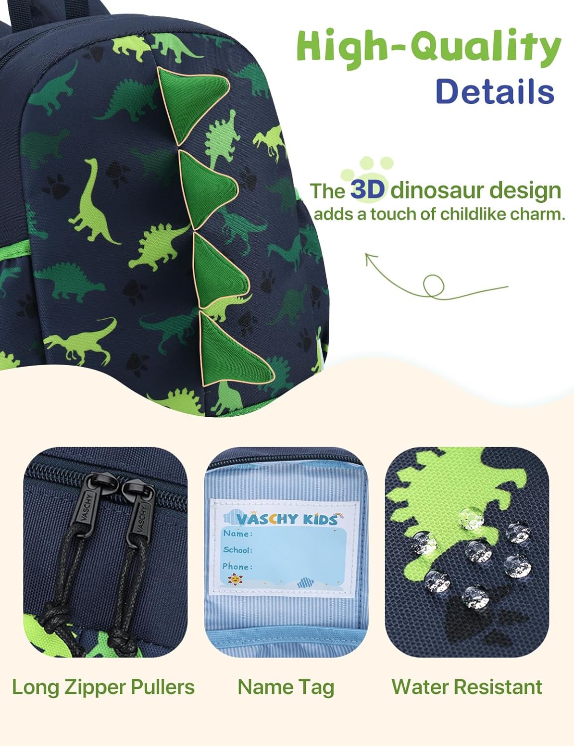 VASCHY Dinosaur Toddler Backpack, Cute Little Boys Girls Kids Schoolbag Bookbag w Chest Strap
