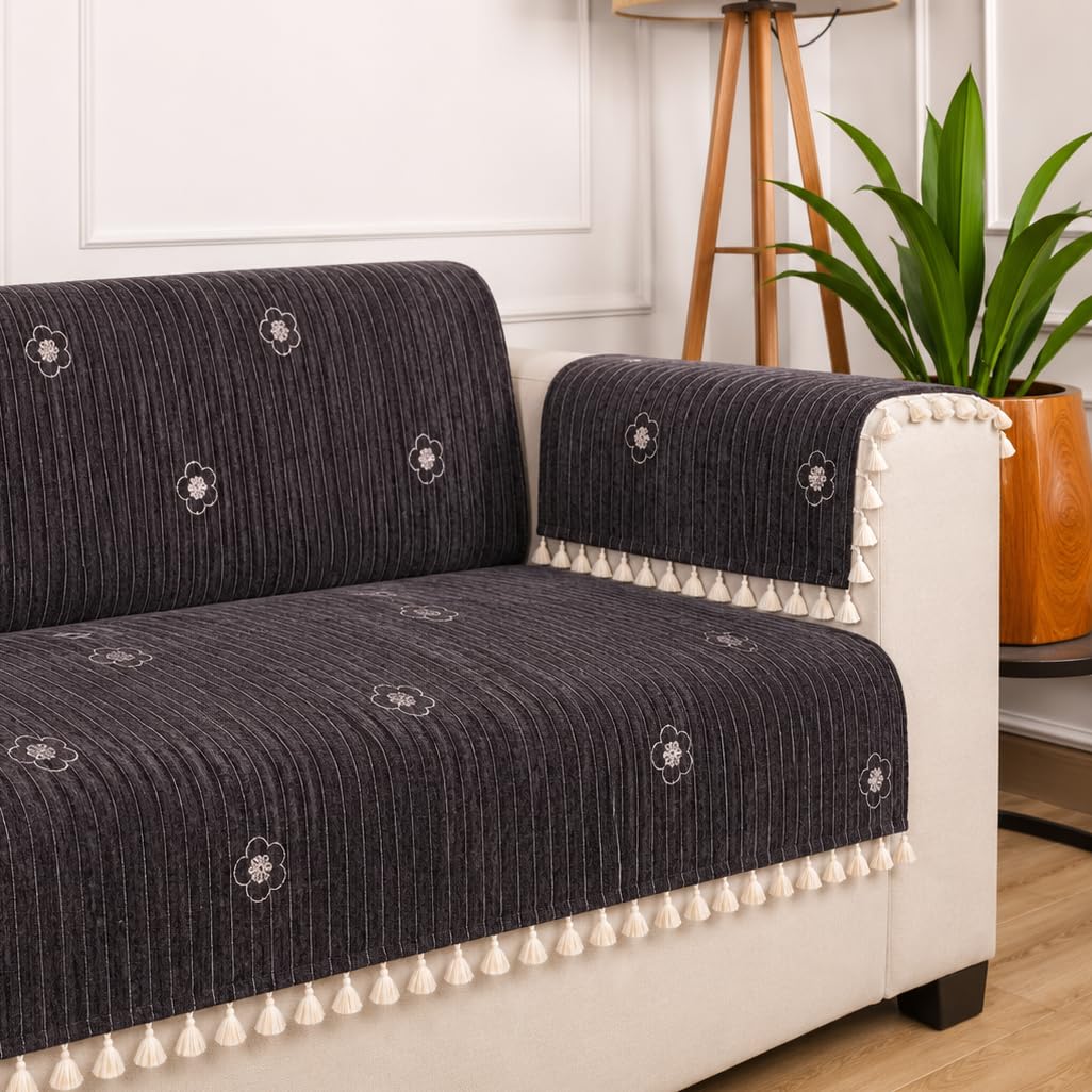 STITCHNEST Woven Fabric Sofa Cover 2 Seater with 2 Hand Rest Covers – Washable Black Sofa Cover with Tassels – Durable Premium Fabric – Stylish Sofa Protector for Living Room & Furniture Decor8