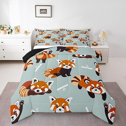 Juego de edredón de panda rojo, tamaño matrimonial, juego de ropa de cama con bonito estampado de animales para niños y niñas, juego de edredón con