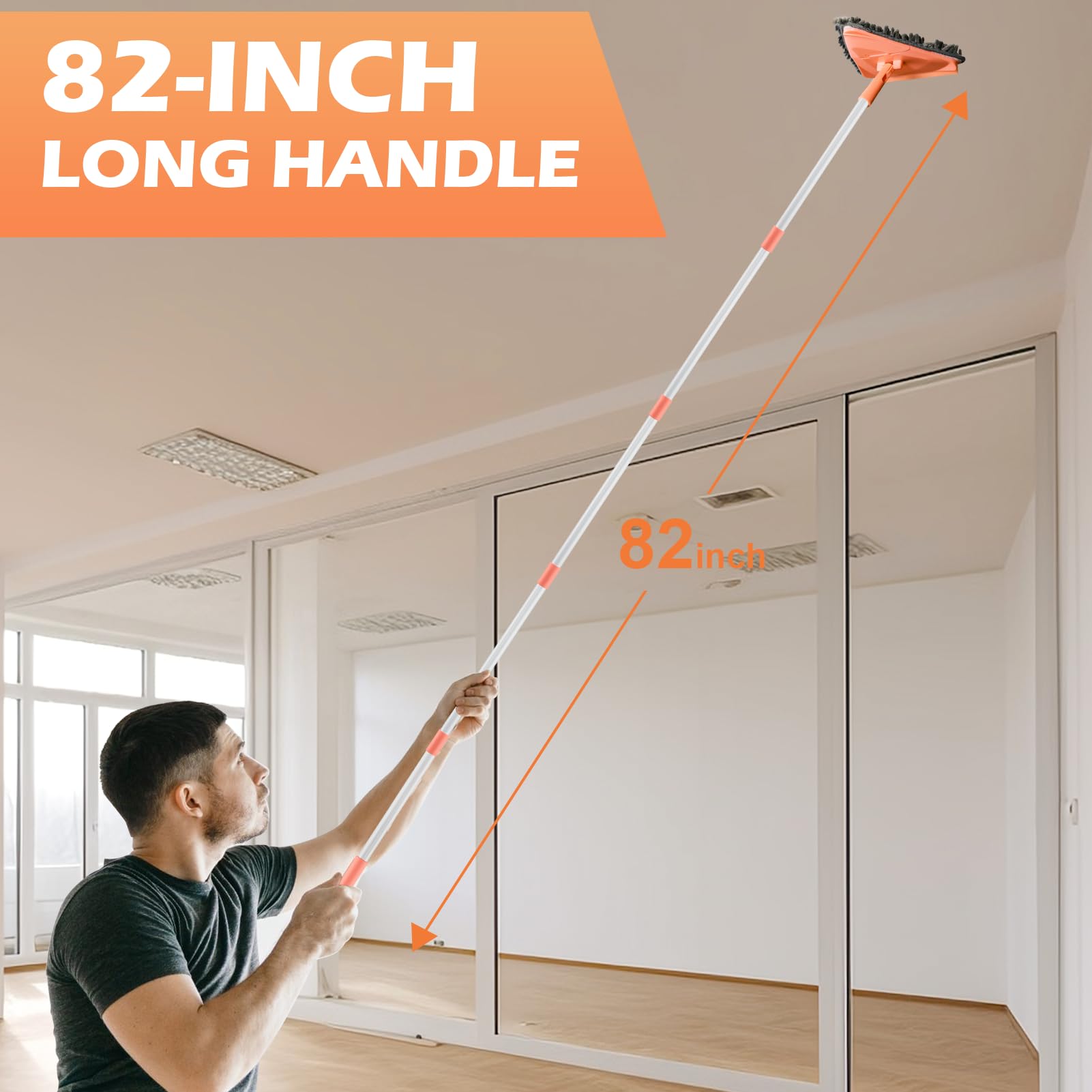 RONSUNG Mopa limpiadora de pared con mango extensible de 82 pulgadas, trapeador triangular multisuperficie con 6 almohadillas reutilizables para limpieza de techo, pared, zócalo, suelo y ventanas