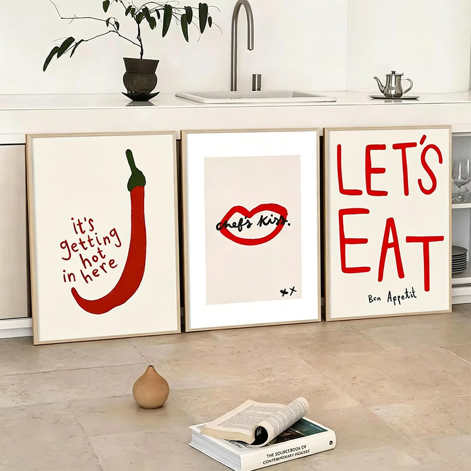 JORCEDI Set of 3 Kitchen Posters, “Let's Eat” Sayings & Chili-Themed Wall Art, Retro Canvas Prints, Stylish Wall Decor for the Dining Room, Unframed (JKL,30x40cm)