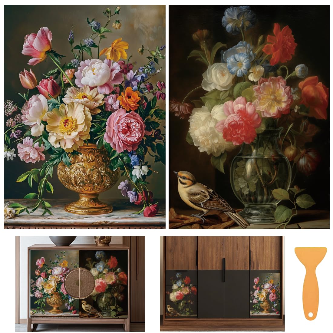 BEUNITONE 6 Sheets Large Flower Rub on Transfers for Furniture Vintage Floral Rub on Transfer Sticker for Diy Crafts Bird Iod Transfers Stickers for Wood Dresser Glass Window Decals Waterproof 6"x12"