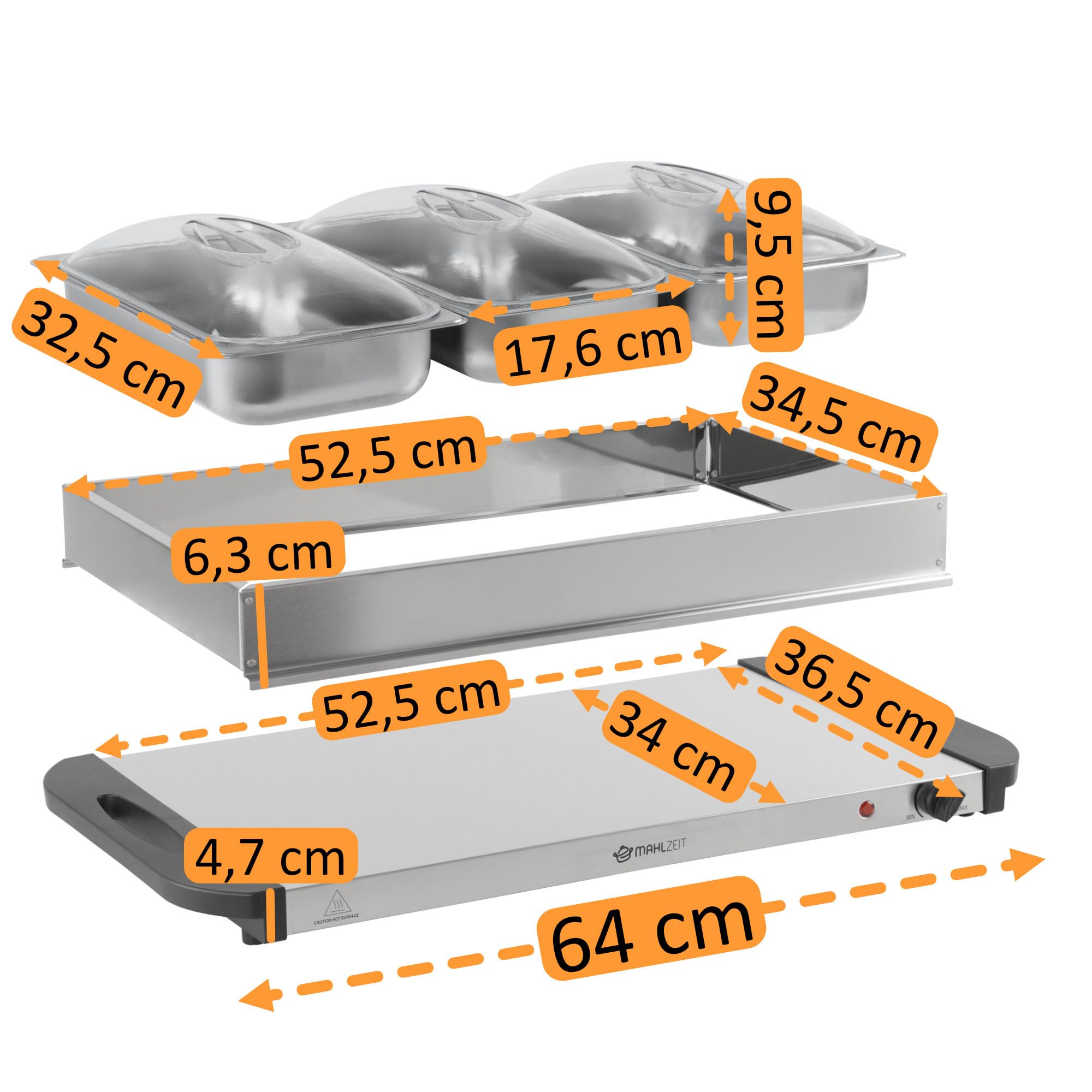Mahlzeit Podgrzewacz bufetowy 2 w 1 | 300 W, 220-240 V | podgrzewacz do potraw ze stali nierdzewnej z 3 pojemnikami na żywność 2,5 l | elektryczny podgrzewacz do potraw Chafing Dish, płyta utrzymująca