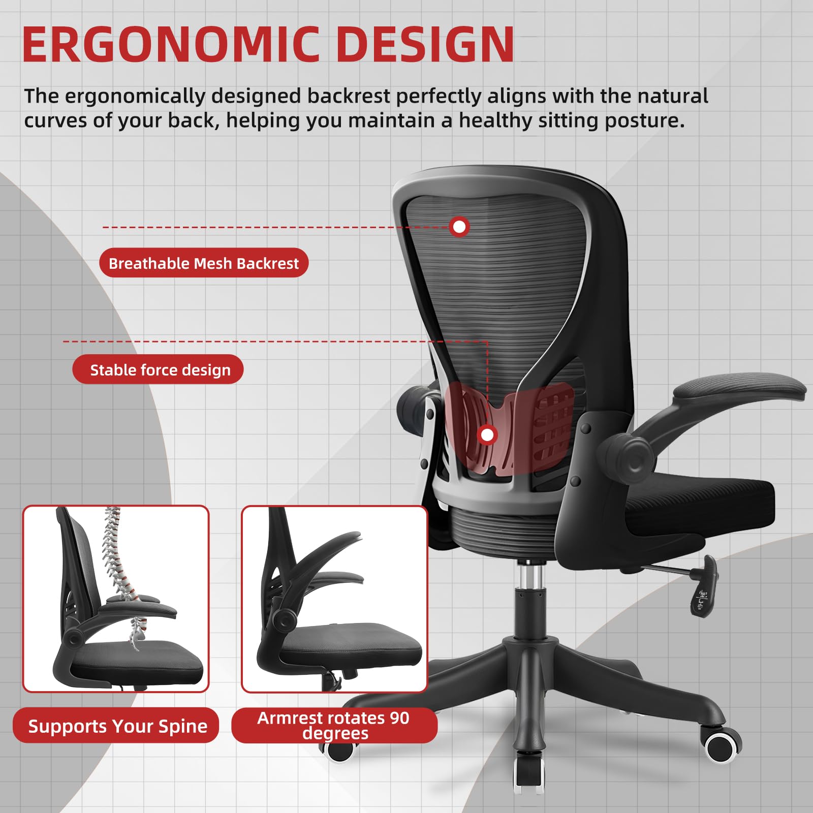 Silla de Oficina Ergonómica con Soporte Lumbar Regulable, Brazos Abatibles 90°, Tapicería de Malla Transpirable, Negro