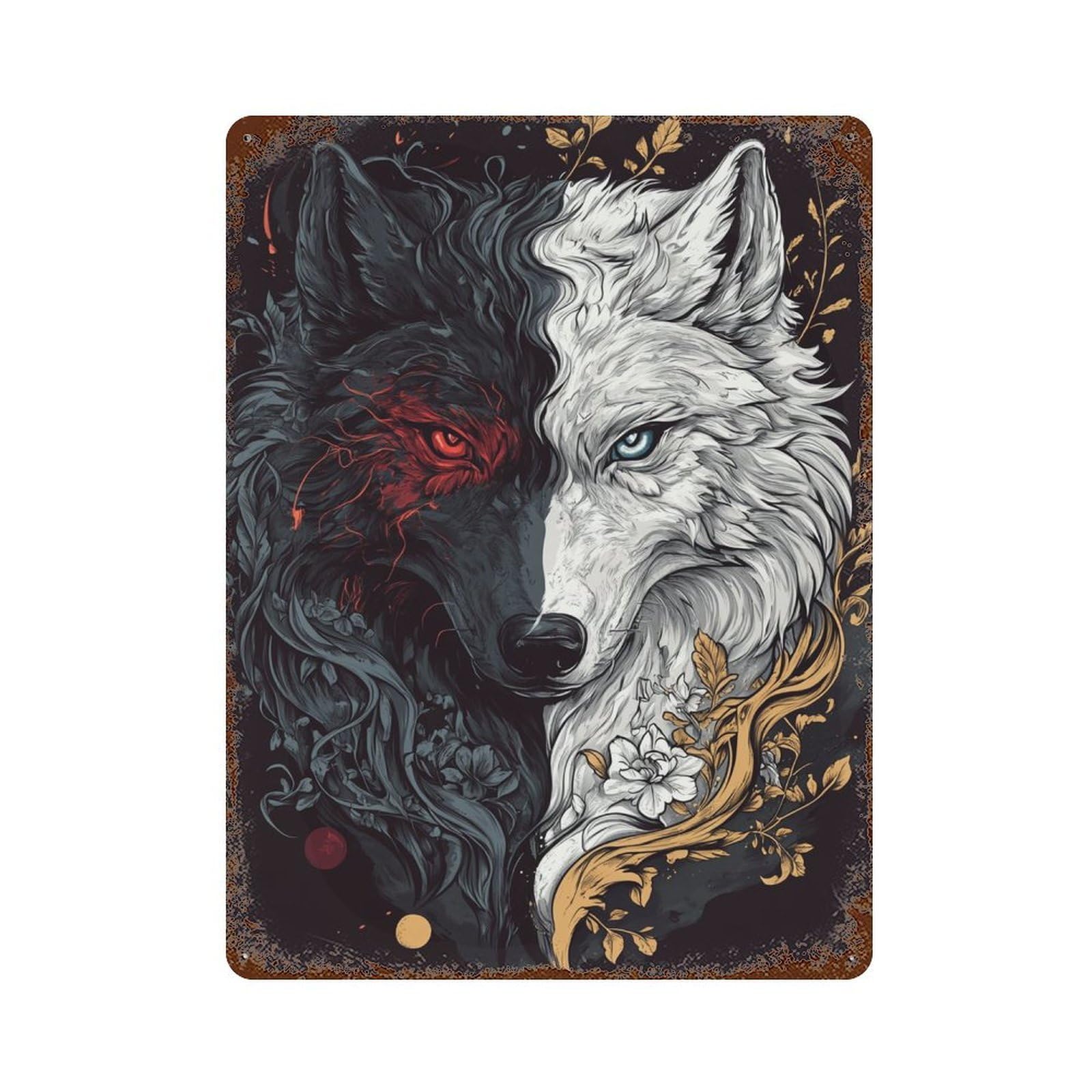 Yin Yang Wolf Art Print Decorative Tin Sign 15.7"x11.8", Industrial Home Decor for Garage, Pub Or Kitchen