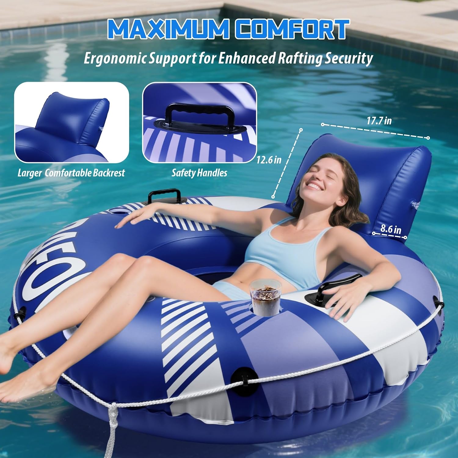 Pool Floats for Adult, 53” 450lb Heavy Duty River Tubes for Floating with Headrest Grab Rope 2 Cup Holder & Double-Sealed Mesh Seat, Large Inflatable Floating Tubes for River Lake Pool Beach