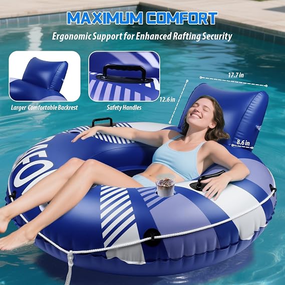 Pool Float Adult, Inflatable River Tube Float, River Tubes for Floating Heavy Duty with Mesh Bottom, Comfortable Backrest & 2 Cup Holders & Durable Grab Handles,450 lbs Weight Capacity