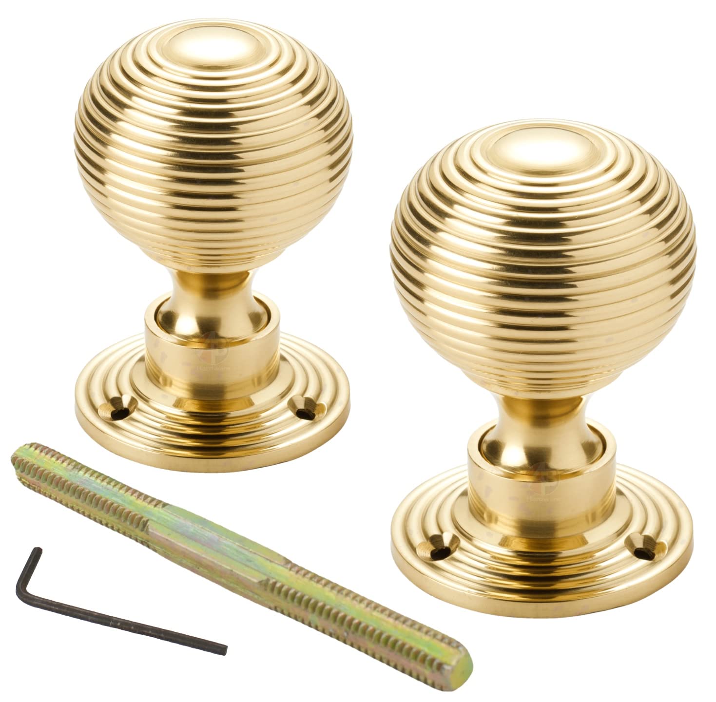 A.b Hardware Rose 1 Pair Of Polished Brass Beehive Rim Mortice Reeded Door Knobs Knob Pair Set