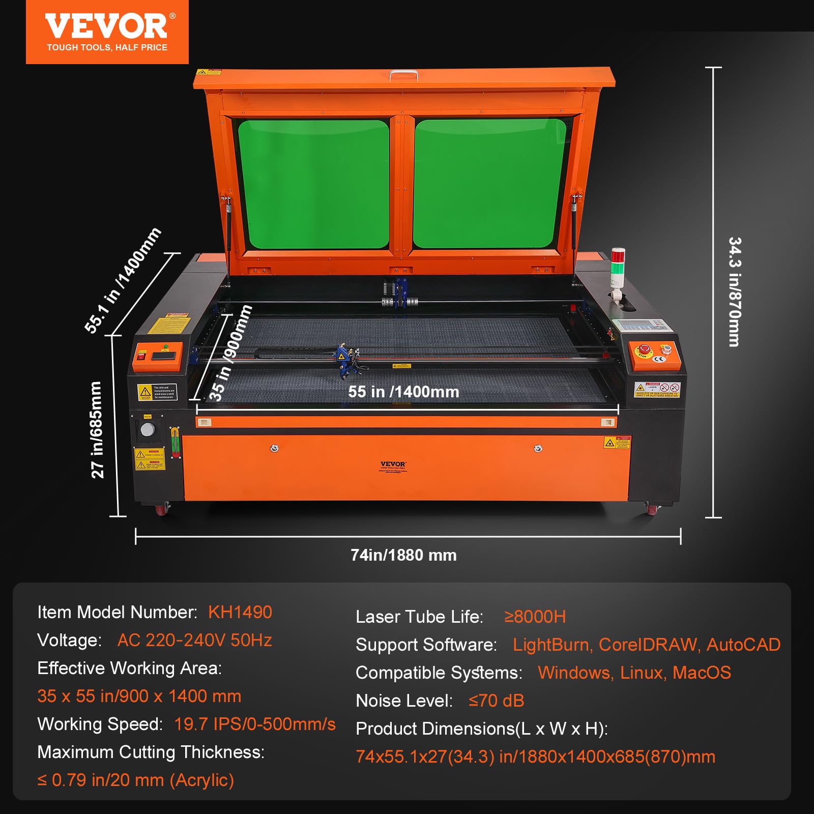 VEVOR Grawer laserowy CO2 130 W Maszyna do grawerowania Stół roboczy 900x1400 mm Prędkość grawerowania 0-800 mm/s Cięcie 0-500 mm/s Grubość grawerowania 20 mm do drewna Szkło akrylowe 187x132,5x94 cm