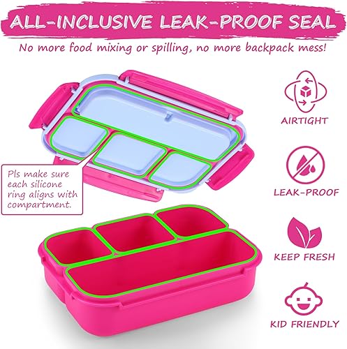 Miniatura 5 de QQKO Lonchera Bento para niños y adultos, lonchera escolar para niños y niñas, contenedores con 4 compartimentos, contenedor de salsa, utensilios,