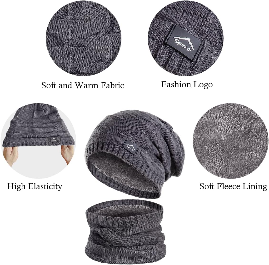 Winter Beanie Hat Scarf Touchscreen Glove Set for Men Women,Slouchy Knit Ski Cap Neck Warmer with Fleece Lined for Unisex - Image 4