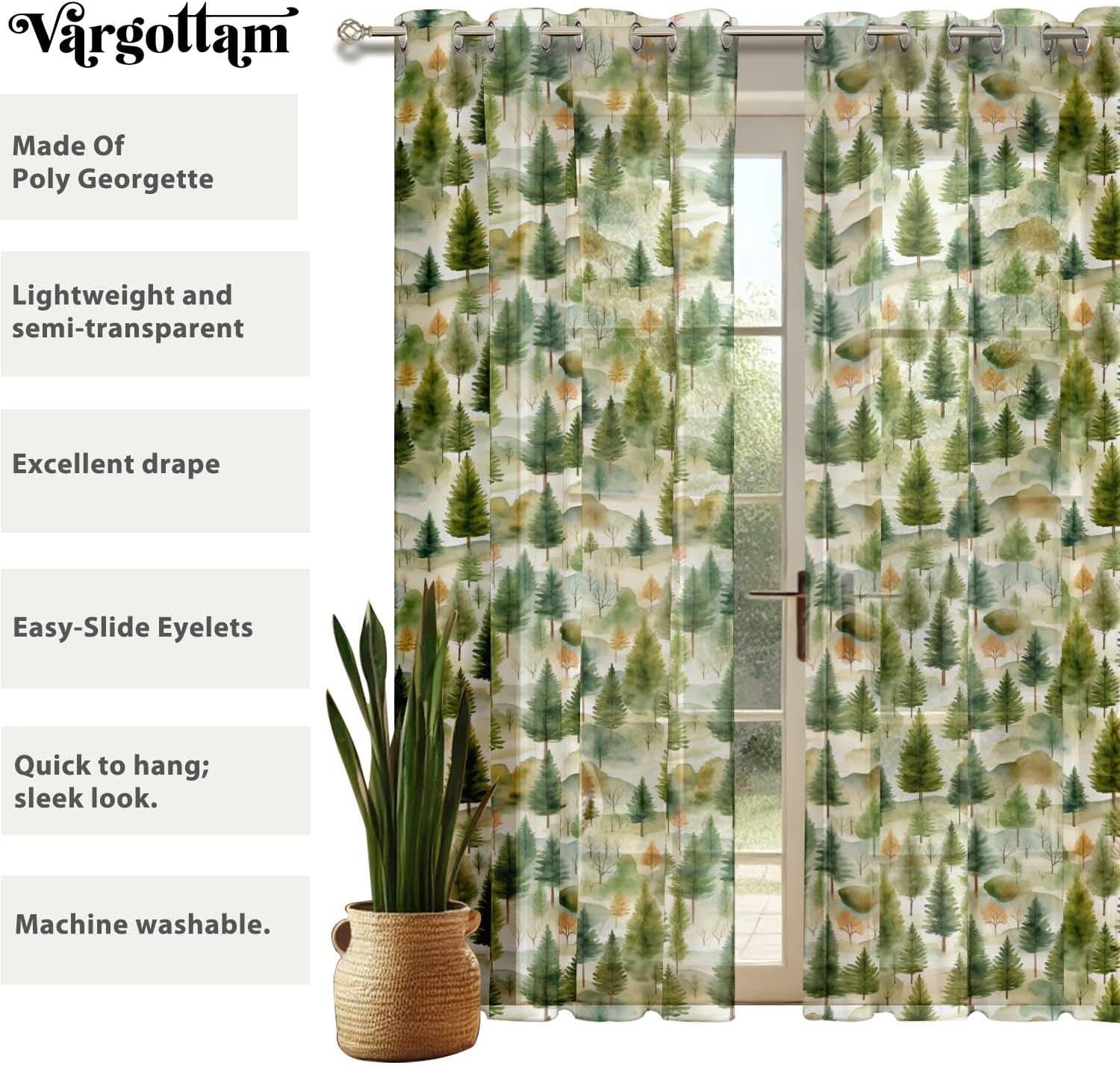 Tree Print Sheer Curtains for Short Windows – Set of 2 Panels, 63" Length, Grommet Top, Printed Georgette, Light Filtering Drapes for Kitchen or Bedroom