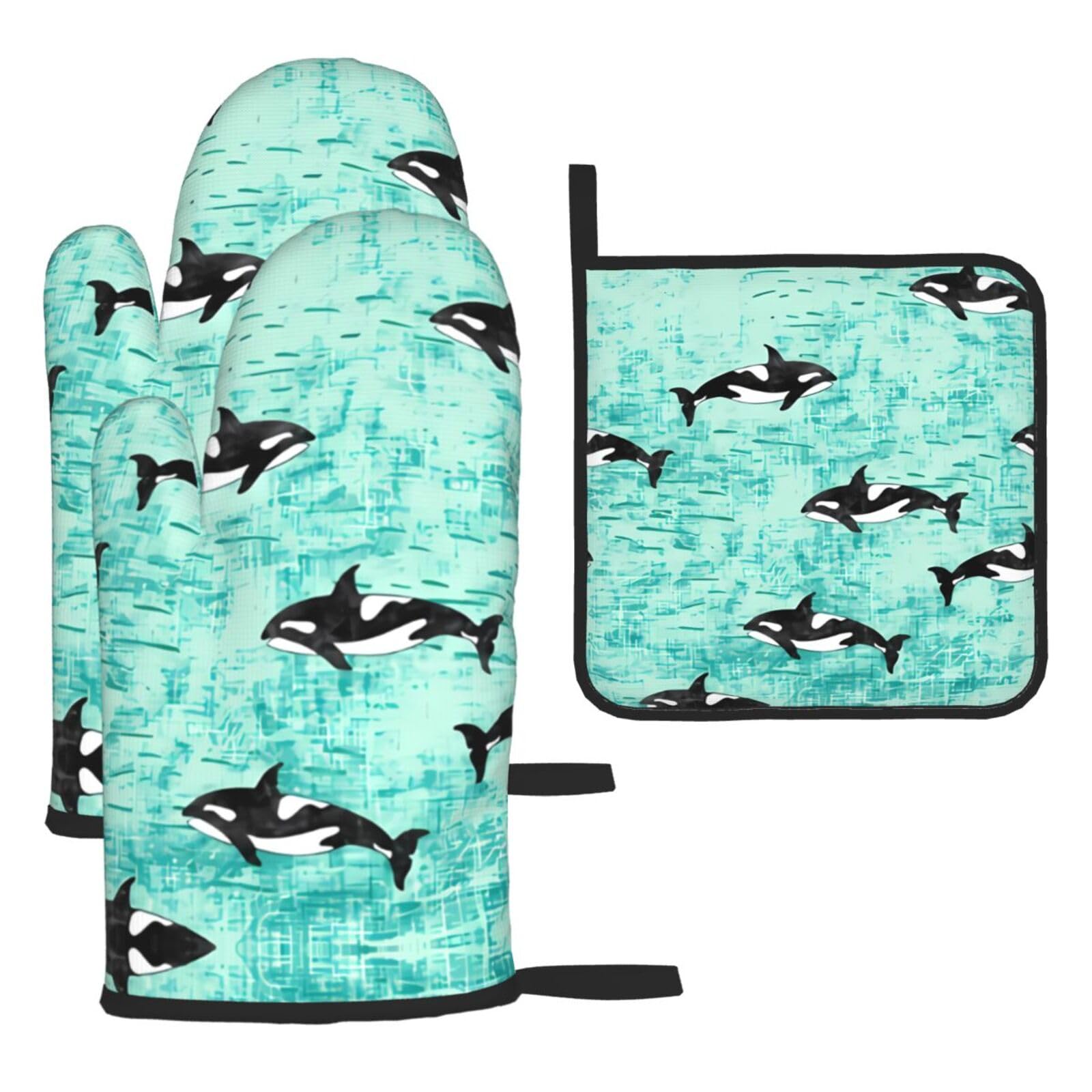 Pacific Ocean whale Printed Oven Mitt Set 3-Piece | Heat Resistant Gloves & Pot Holder Mat for Cooking, Baking & BBQ